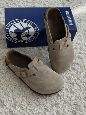 Birkenstock Suede Slip-On Clogs in Taupe